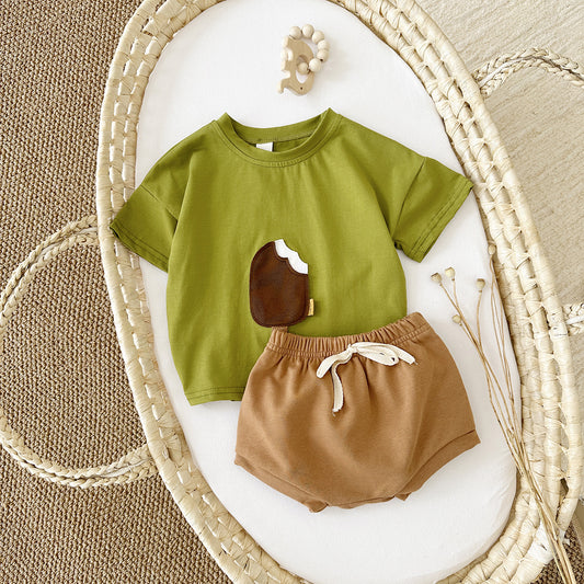 Casual Round Neck Cotton Ice Cream Patch Short Sleeve Shorts Suit