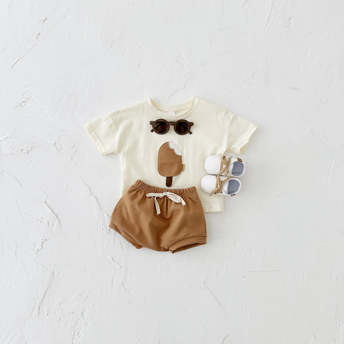 Casual Round Neck Cotton Ice Cream Patch Short Sleeve Shorts Suit